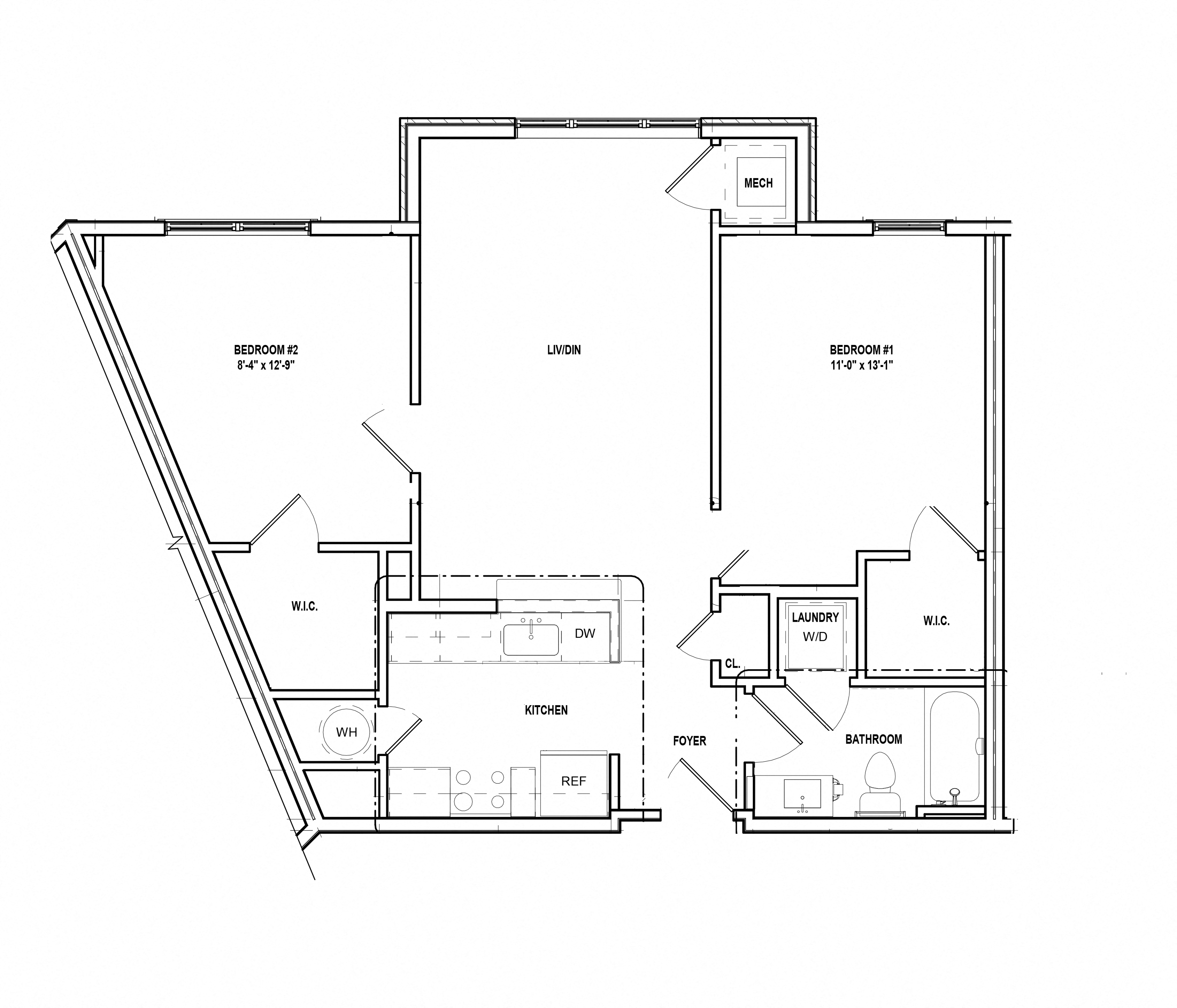 Floor plan for 2 beds, 1 bath, 889 sqft